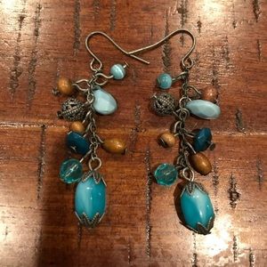 Turquoise colored and wood beaded drop earrings